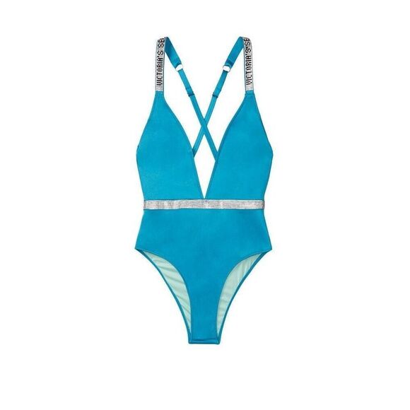 NWT Victoria's Secret S ONE-PIECE swimsuit monokini shine strap BLUE silver - Picture 1 of 3